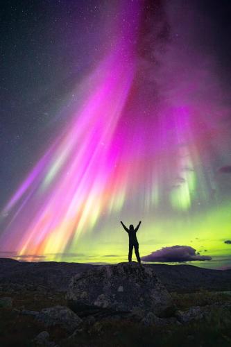 a person standing on a rock with their arms up under the lights at Abisko Mountain Lodge in Abisko