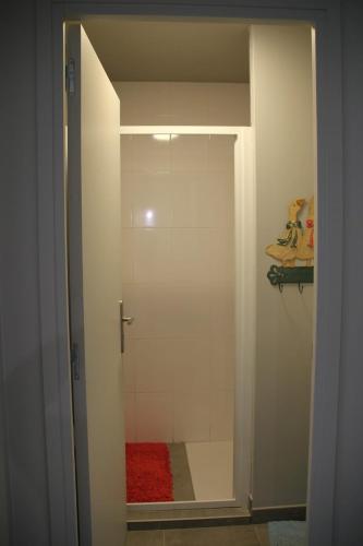 a bathroom with a glass shower door with a red rug at Verborgen Pareltje in Bray-Dunes