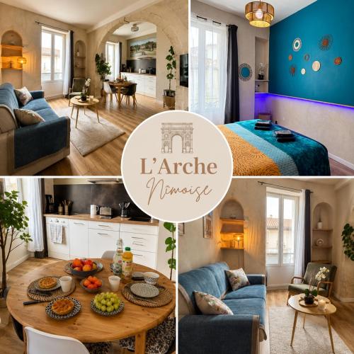 a collage of pictures of a living room and a kitchen at CLIM - Hypercentre - Arche en pierre in Nîmes