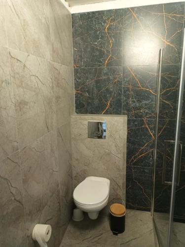 a bathroom with a toilet and a black marble wall at Śródziemie Erebor in Leśno