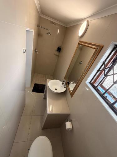 a bathroom with a sink and a toilet and a mirror at Tivoli House in Edgemead
