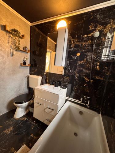 a bathroom with a tub and a toilet and a sink at Andra apartament in Petroşani