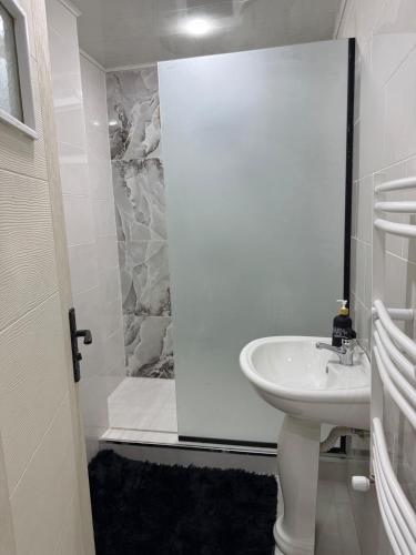 a white bathroom with a sink and a shower at Appartement El-Chahed in Annaba