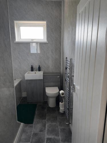 a bathroom with a toilet and a sink and a window at 2 bedroom Large House For Contractors, And Family with a sofa bed in Shildon