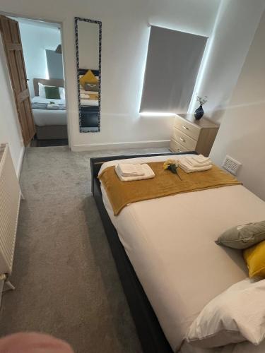 a bedroom with a large bed and a mirror at Scorpio 1 in Burton upon Trent