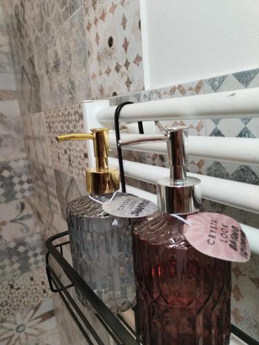 two vases sitting on a rack in a bathroom at Mini Comfort House Udine in Udine