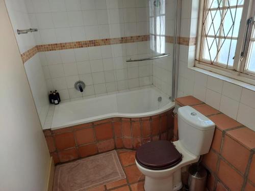 a bathroom with a toilet and a bath tub at Springbok Cottage in Graaff-Reinet