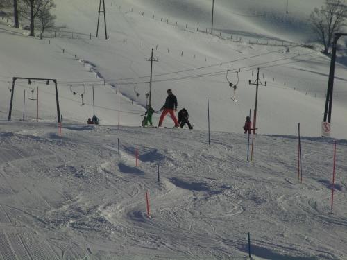 a group of people skiing down a snow covered slope at Haus Bergfried in Filzmoos