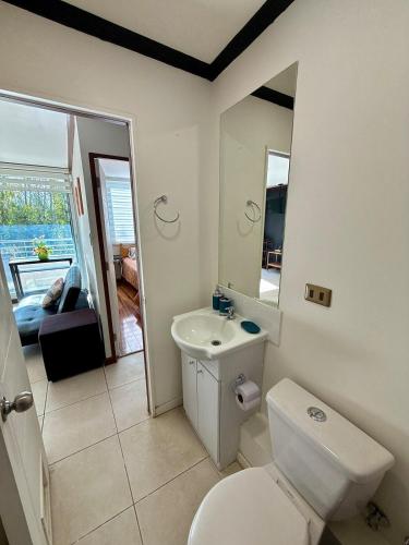 a bathroom with a toilet and a sink and a mirror at Departamento Amplio y tranquilo in Talca