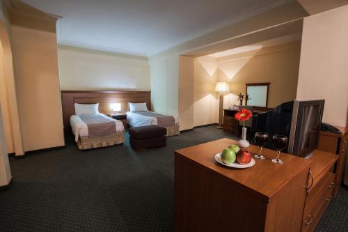 a hotel room with a bed and a television at Aviatrans Hotel in Yerevan