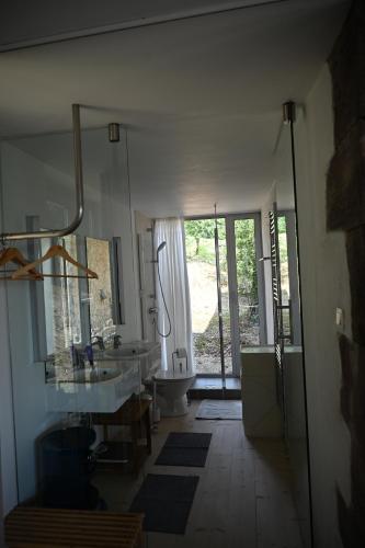 a bathroom with a sink and a toilet and a mirror at Gîte du Mont Gérard in La Lanterne-et-les-Armonts