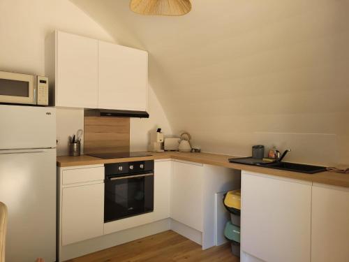 a kitchen with white cabinets and a stove and microwave at Ecolodge Insolite in La Bâtie-Montgascon