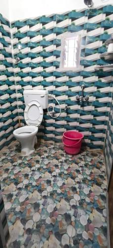 a bathroom with a toilet and a mosaic floor at Mangrove Pitta - Bhitarkanika in Kendrāparha