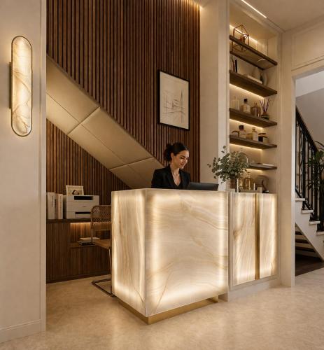 a woman sitting at a desk with a laptop at Hôtel Beauvoisin in Paris