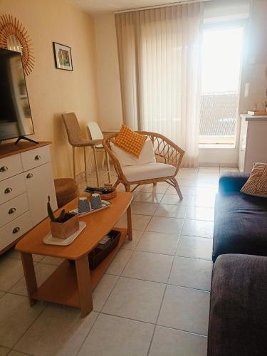 a living room with a couch and a coffee table at Mauguio-Carnon Apt T2 Tout Confort, Spacieux, Lumineux, Clim, Wifi, Balcon, parking privé, 15 mn des plages, de Montpellier in Mauguio