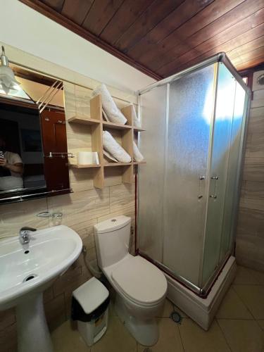 a bathroom with a shower and a toilet and a sink at Hava Baci (old town) in Berat