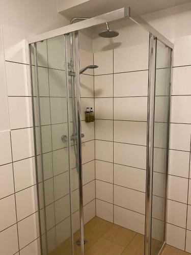 a shower with a glass door in a bathroom at City Hall Apartments in Borgarnes