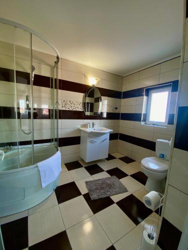 a bathroom with a tub and a toilet and a sink at Casa Maruska in Murighiol