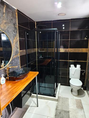 a bathroom with a toilet and a shower at Kwatery u Gabrieli in Włodzimierzów