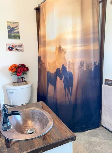 a bathroom with a sink and a shower curtain with horses at The bunkhouse in Sarasota