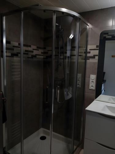 a shower with a glass door in a bathroom at Gite du neufbourg in Courtils