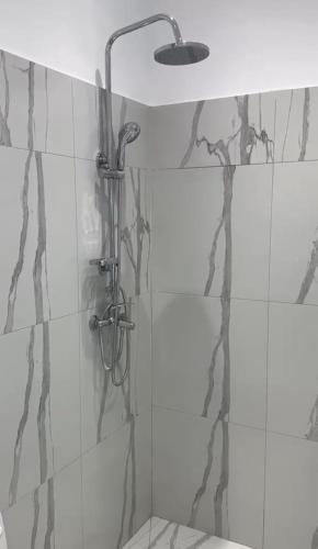 a shower in a bathroom with black and white tiles at Aura Stay Apartment in Tirana