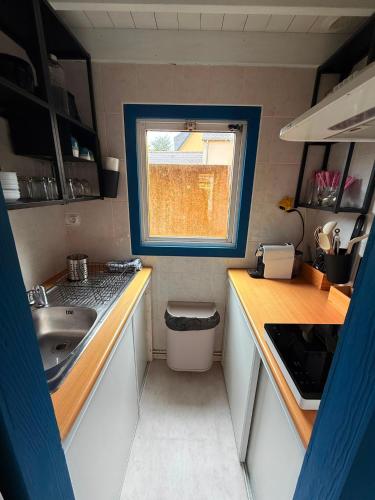a small kitchen with a sink and a window at La Cabane du Pti' Bonheur in Saint-Coulomb