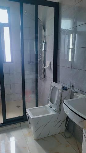 a bathroom with a shower and a toilet and a sink at Cité La Vie in Douala