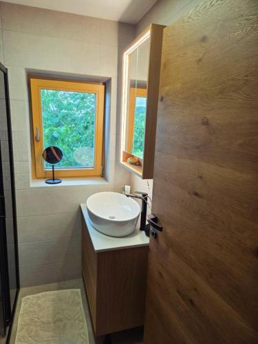 a bathroom with a sink and a window and a door at Pirman Vineyard Cottage in Bučka