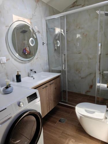 a bathroom with a shower and a washing machine at Luxury suite with Olympus and sea view in Litochoro