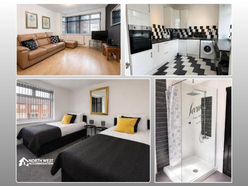 a collage of three pictures of a hotel room at Warrington 3-Bedroom House Near Birchwood & Omega in Warrington