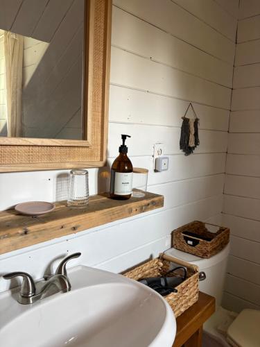 a bathroom with a sink and a mirror at Slo-Brome gîte de charme slow life in Lac-Brome