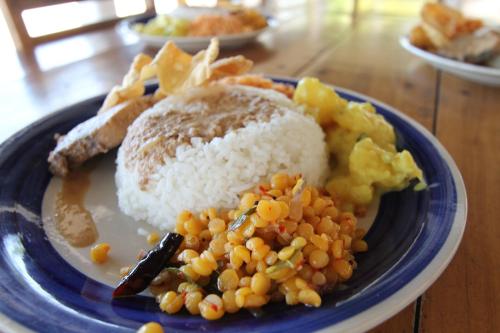 a blue plate with rice and vegetables on a table at The Rascals Kite Resort in Kalpitiya
