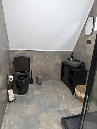 a bathroom with a black toilet and a sink at Vis de Munte Chalet in Buhalniţa