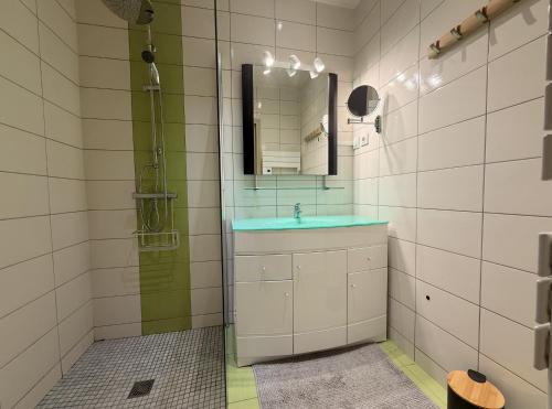 a bathroom with a sink and a mirror at La Maison du Bocage in Saint-Mesmin