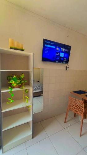 Ein Zimmer mit einem Fernseher an der Wand und einer Pflanze in der Unterkunft Kitnet 17D in São Luís