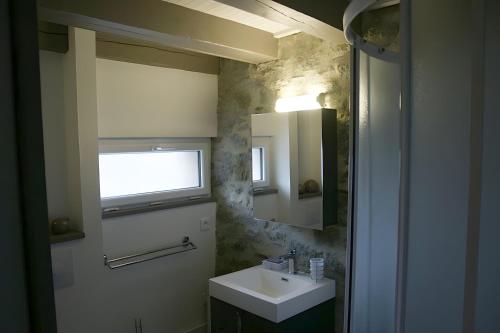 a bathroom with a sink and a mirror at L'ânesque in Saint-Augustin-des-Bois