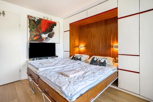 a bedroom with a large bed and a tv at Ferienappartement in Black Forest in Baiersbronn