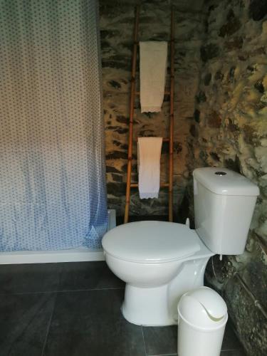 a bathroom with a toilet and a stone wall at Casa da Colina in Amarante