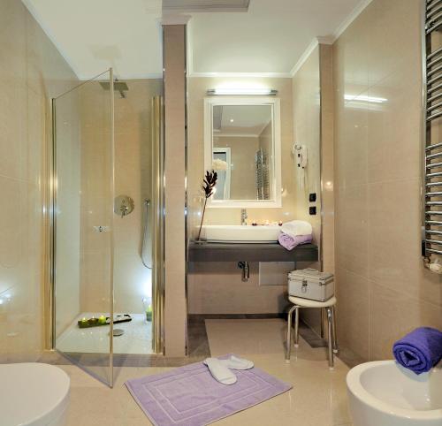 a bathroom with a shower and a sink and a tub at Demetra Hotel in Rome