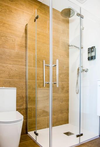 a shower stall in a bathroom with a toilet at A Calexa Sarria nº4 in Sarria