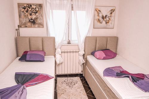 two beds in a room with butterflies on the walls at Villa Beyond Bar in Bar