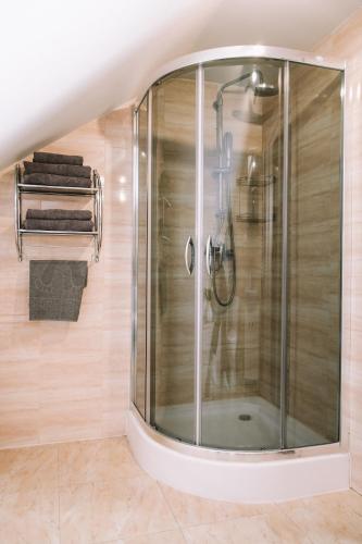 a shower in a bathroom with wooden walls at Pokoje Gościnne Sandomingo in Sandomierz