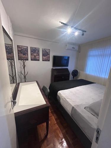 a bedroom with a bed and a desk and a television at Lindo Apartamento próximo ao Centro in Juiz de Fora