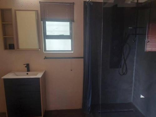 a bathroom with a shower and a sink and a window at Khoneni in Marloth Park