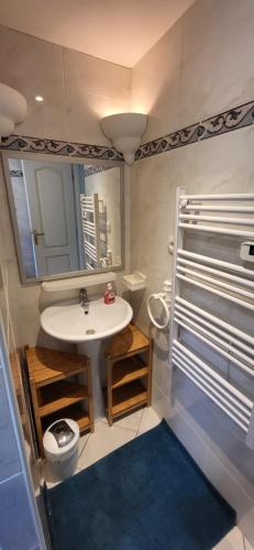 a bathroom with a sink and a toilet and a mirror at Les Mayombes in Roquebrune-sur-Argens