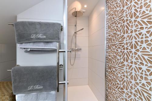a bathroom with a shower with two towels at Printemps et Eté en Alsace in Stosswihr