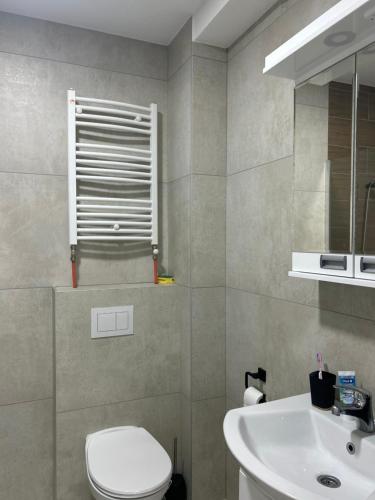 a bathroom with a white toilet and a sink at Stan na dan in Loznica