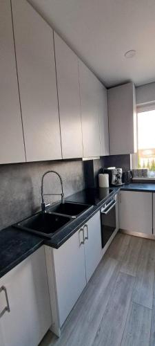 a kitchen with white cabinets and a sink at Villa reed in Dasiūnai