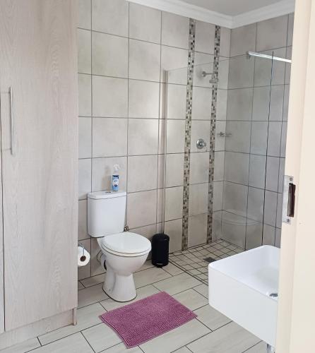 a bathroom with a toilet and a shower and a sink at Ceelee's Place in Bloemfontein